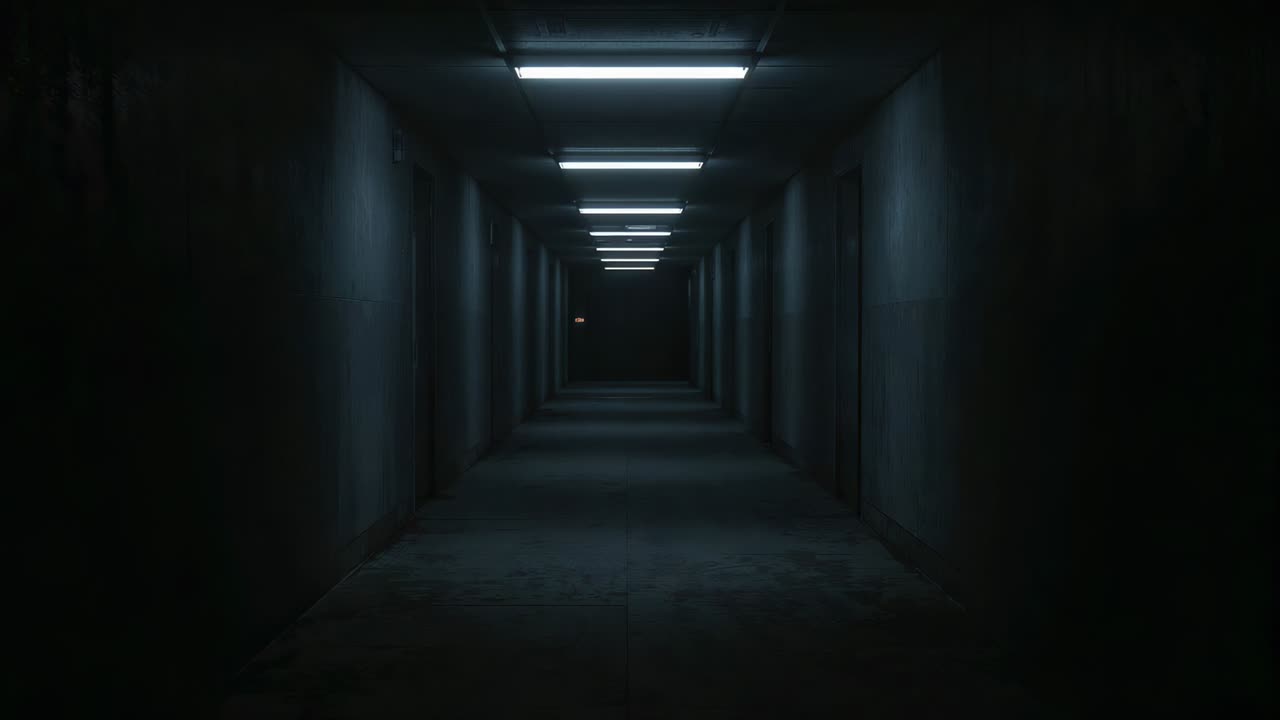 Camera dollying forward past concrete corridor, revealing depth and fluorescent ceiling panels