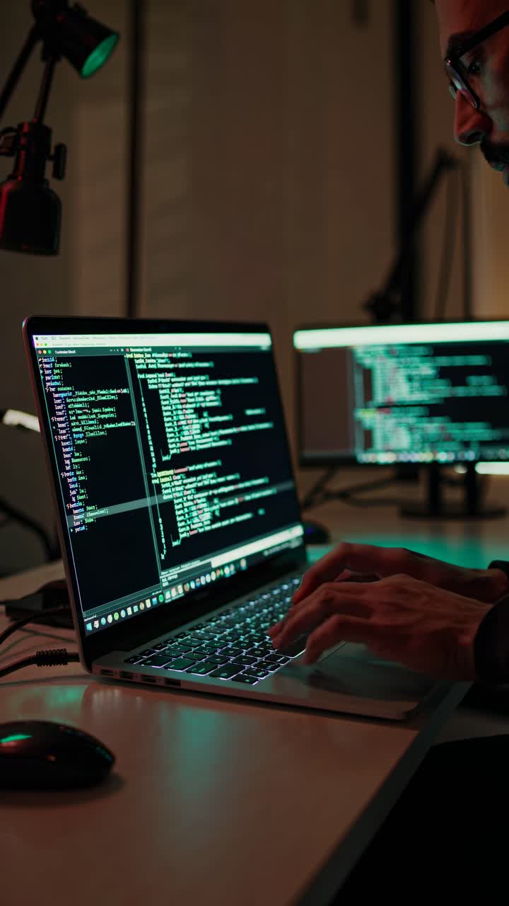 Low-angle shot of a programmer's hands coding on a laptop in a dimly lit room, creating a cinematic