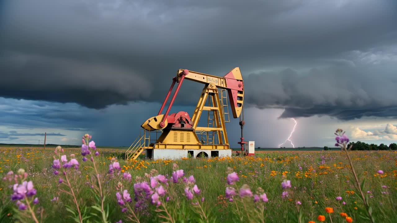 Industrial oil pump jack working in purple wildflower field under dramatic stormy dark clouds