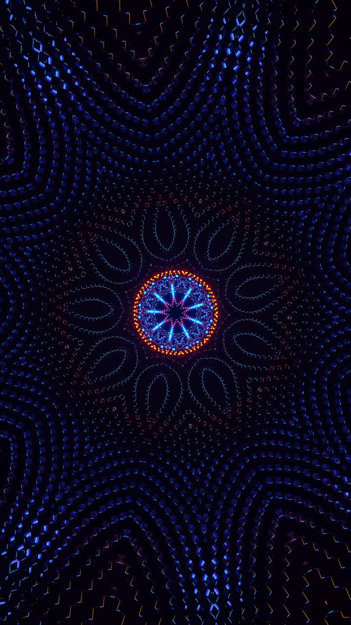 Fiore blu e arancione con motivo psichedelico. Loop VJ caleidoscopico verticale