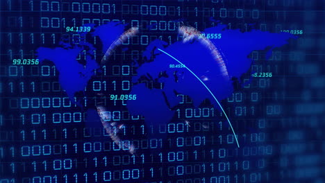 animation of globe and world map over data processing and binary coding on black background