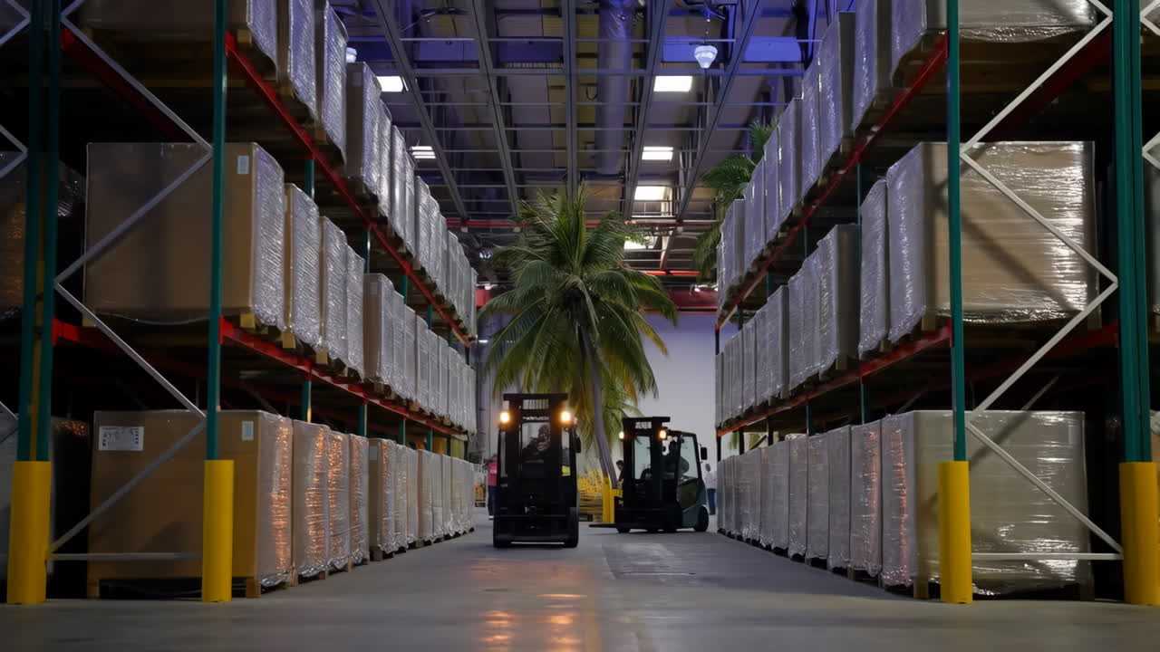Forklifts and Workers Operating in a Warehouse with Tall Shelves and a Palm Tree
