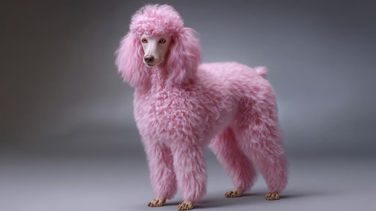 Göz Alıcı Pembe Bir Kaniş Stüdyo Ortamında Zarafetle Poz Veriyor, Köpeğin Güzelliğini ve Modasını Vurgulayarak Kabarık Tüylerini ve Eşsiz Görünümünü Sergiliyor
