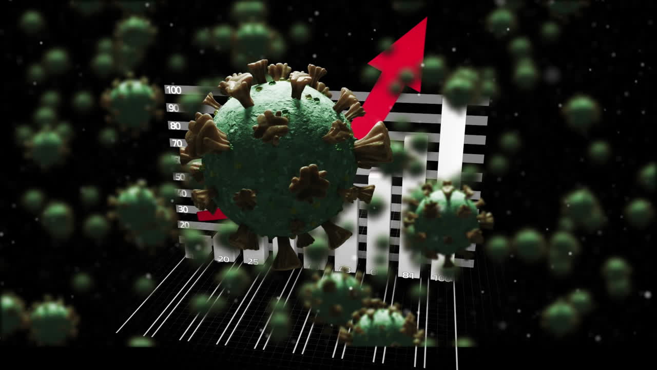 animación de las células del virus sobre la pantalla con gráfico estadístico