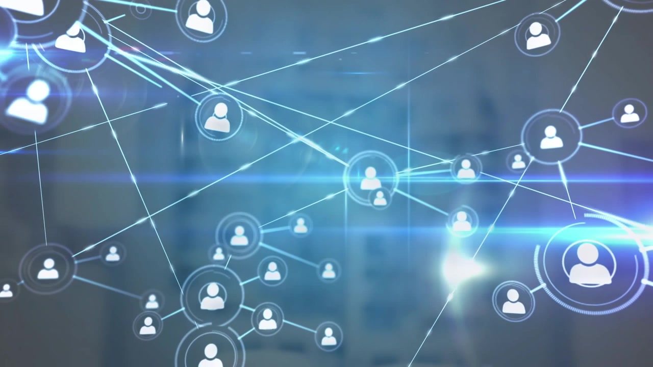 Animation of network of profile icons over blue light spots against grey background
