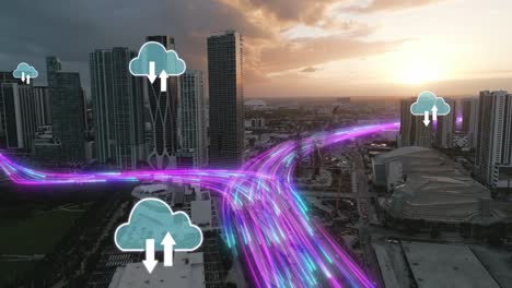conexión rápida a internet en la ciudad inteligente conexión aérea moderna al atardecer del horizonte red comunicación tecnología futurista