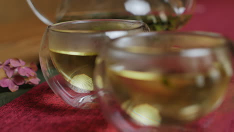 close-up of glass tea cups and pot