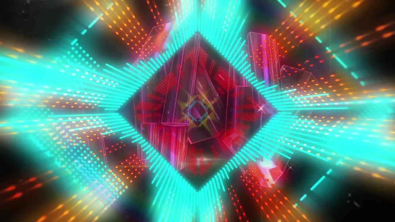 Animazione di forme di cristallo rosa su tunnel al neon in motivo continuo su sfondo nero