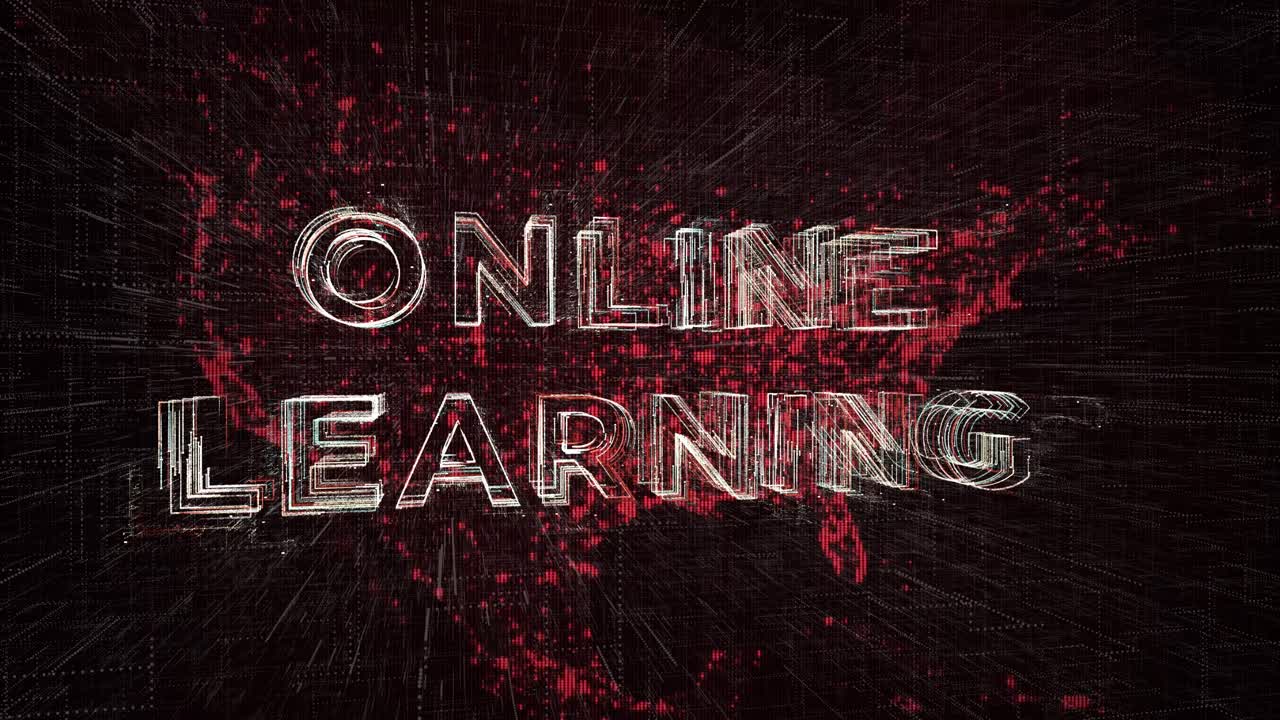 Online Learning text displayed over a map of the United States as a background. Digital e-learning education concept