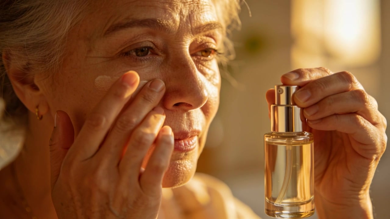 Donna anziana che tiene una bottiglia di siero, spalmando e levigando la crema contorno occhi per idratare la pelle a casa.