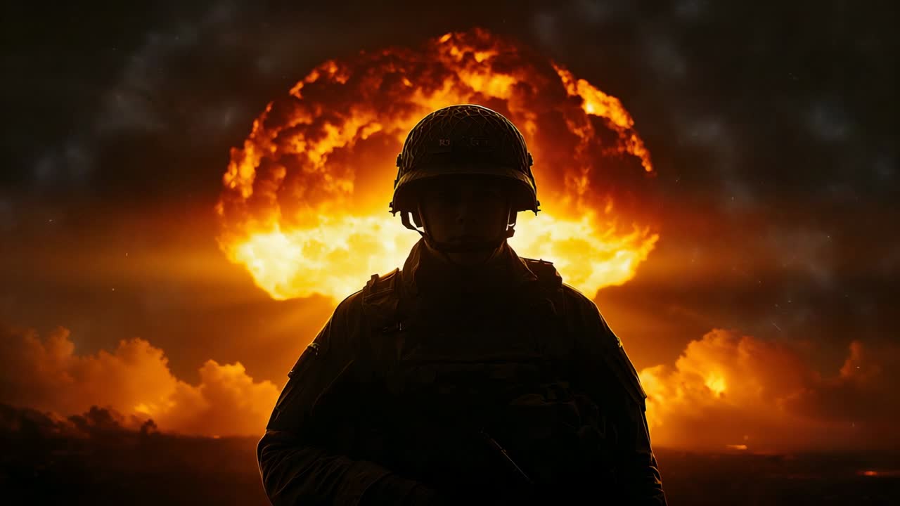 Standing lone soldier holding rifle in battlefield, defending position against fiery mushroom cloud