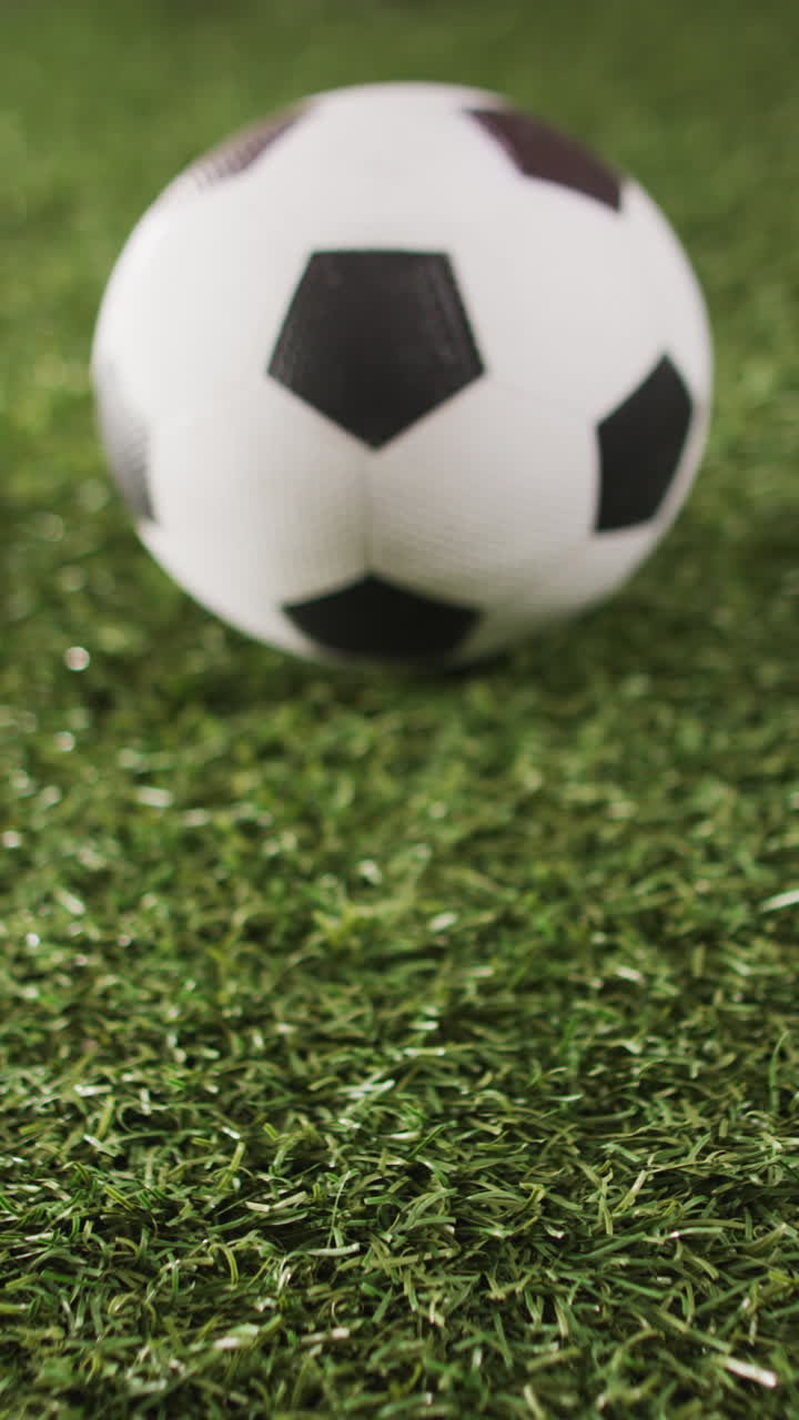 Futbol sahasında duran futbol topunun dikey videosu