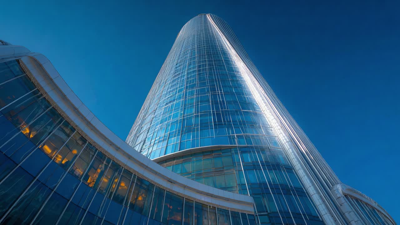 Un Majestuoso Rascacielos que se Eleva Hacia el Cielo: Exhibiendo Arquitectura Moderna y Diseño Innovador Contra un Fondo Azul Brillante y Nocturno