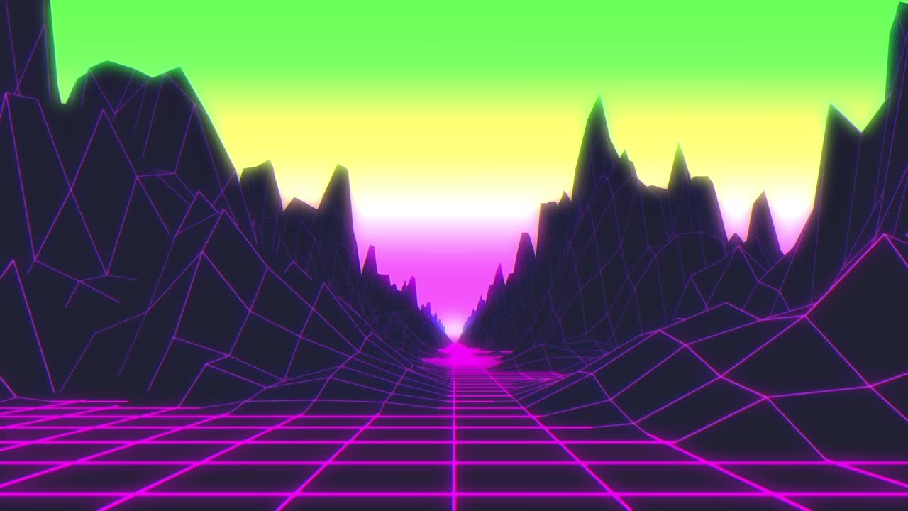 1980년대 스타일의 레트로 퓨처리스틱 배경 영상: 사이버 세계에서의 디지털 풍경