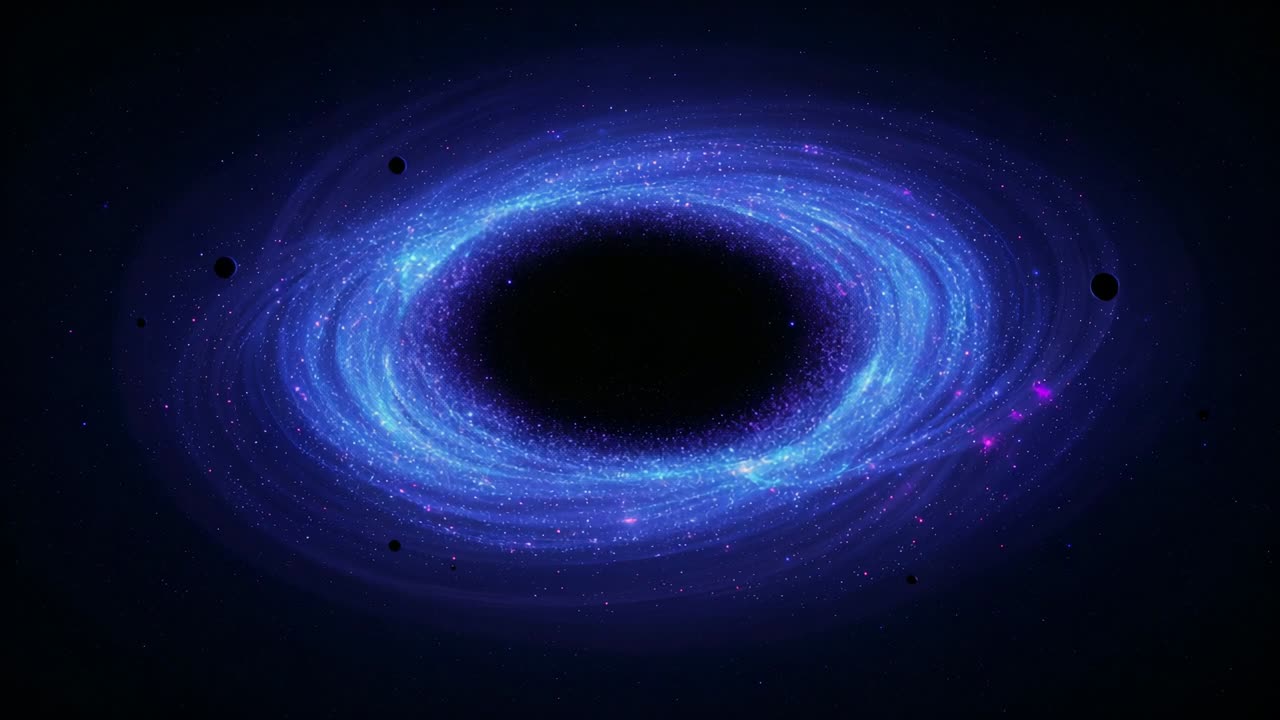 Gravity from central dark void driving blue accretion disk revolving in space, with rocks orbiting