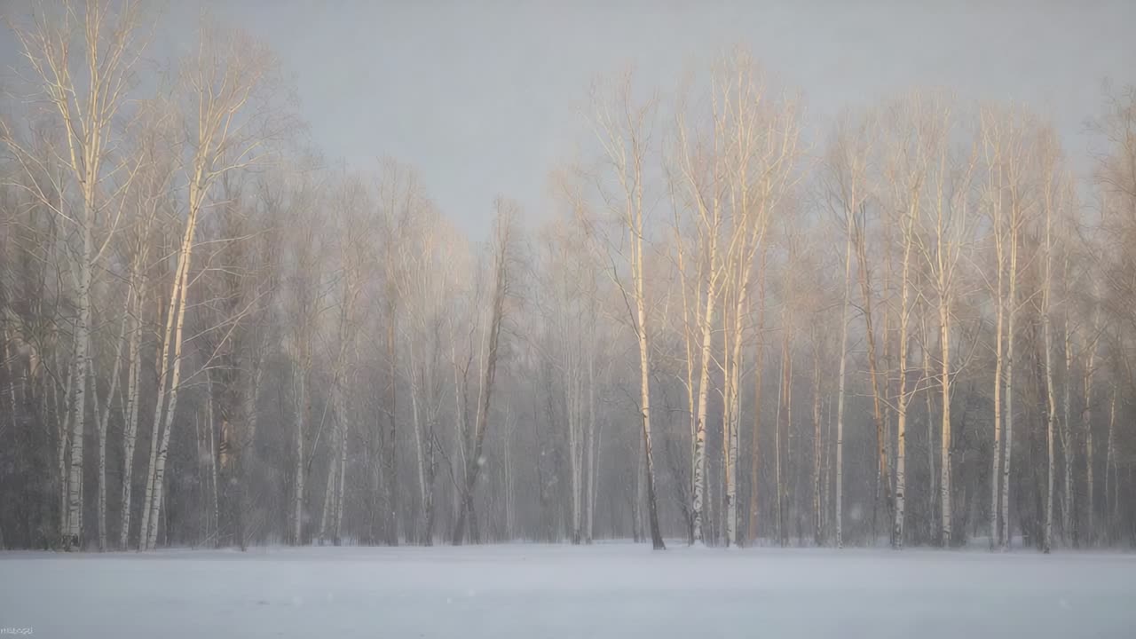Sun brightening white birch trunks at snow-covered field, mist thinning, branches swaying
