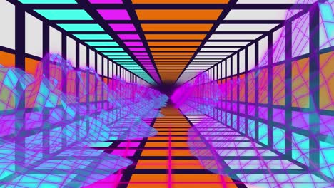 animation of moving, geometrical, colorful tunnel over mountains