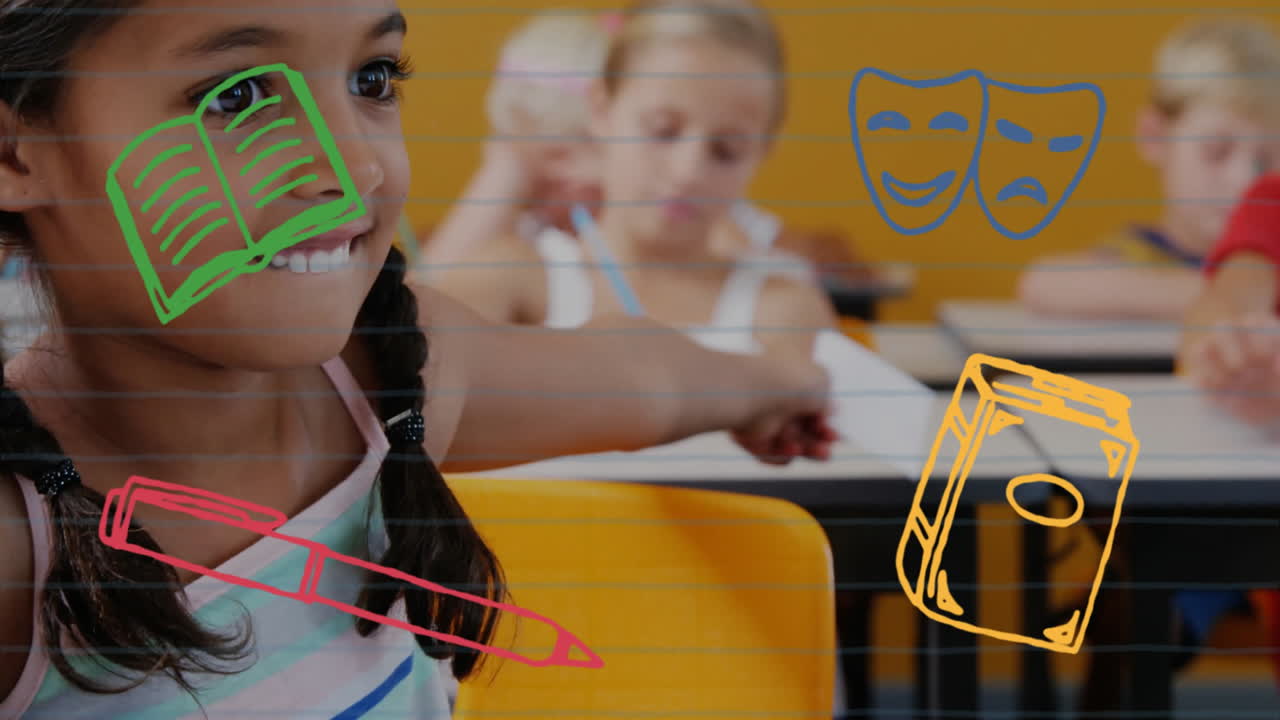 In school, girl smiling with colorful book and animation icons overlay