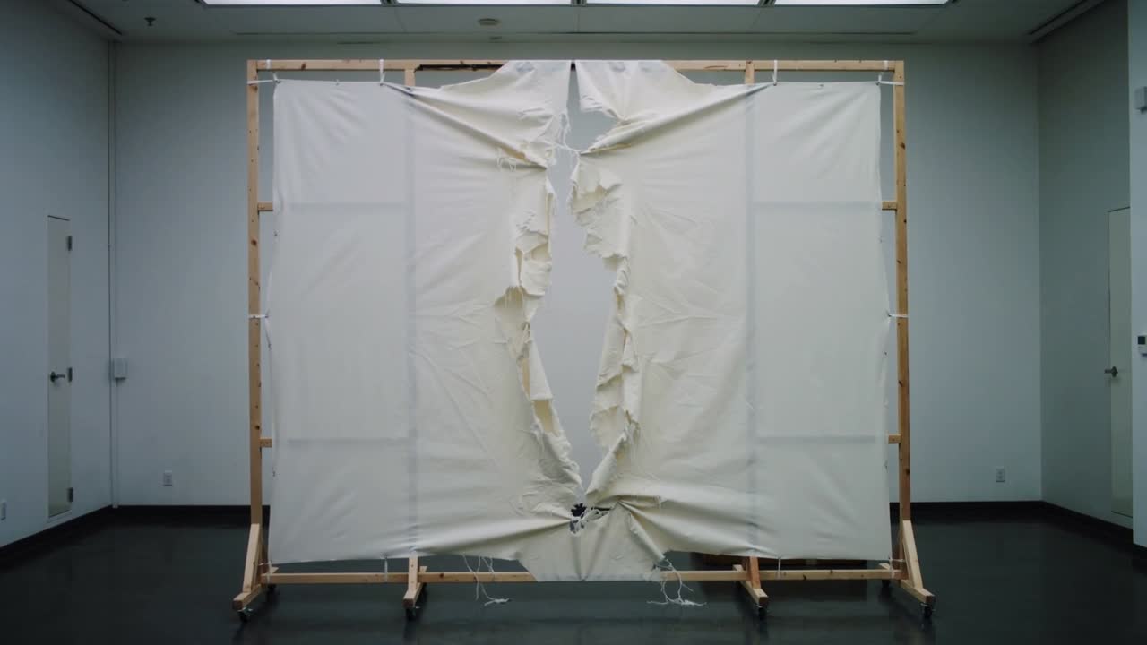 Mostrando painel de tela creme rasgando de uma abertura central sob tensão em uma galeria, revelando a moldura