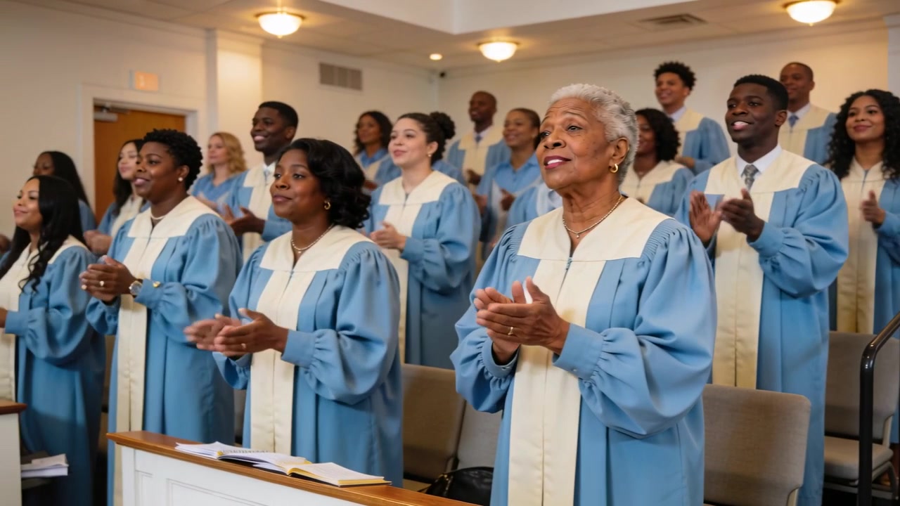 Music starting, senior woman and choir singing and clapping at church in worship, light blue robes