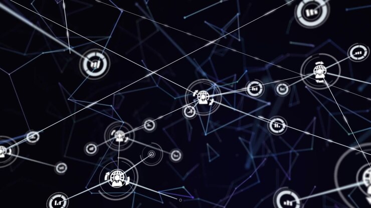 Vertical video: Left line sparking cluster growing, linking nodes, pulsing rings, showing tech net
