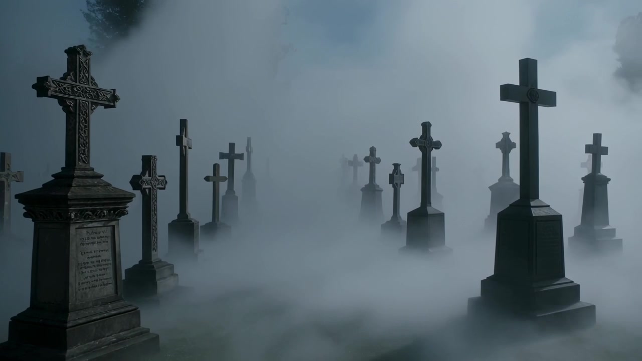 Nebbia bassa che si dirada spinta da una leggera brezza, rivelando croci ornate e massicce e l'erba in un cimitero storico.