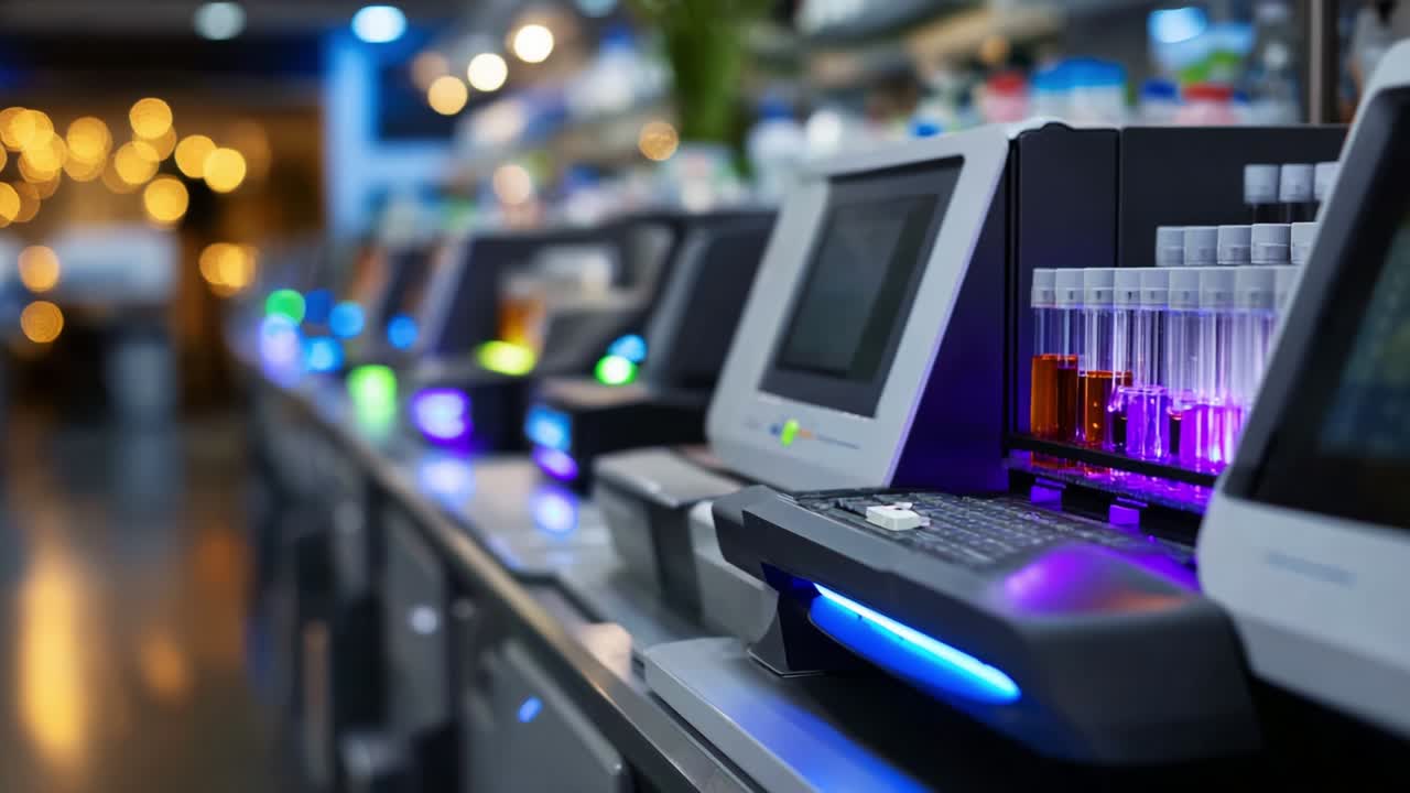 A captivating view of advanced laboratory equipment showcasing vibrant test tubes and modern machinery, illustrating cutting-edge technology in scientific research and experimentation
