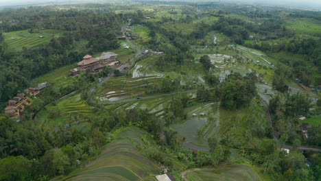 Wide-aerial-view-of-the-water-on-a-rice-plantations-in-rural-Bali-countryside.-Cars-on-a-rural-road-through-farm-fields-in-Asia