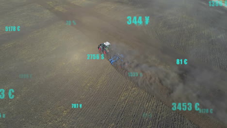 campo de arado de tractores con animación de datos financieros sobre el paisaje agrícola