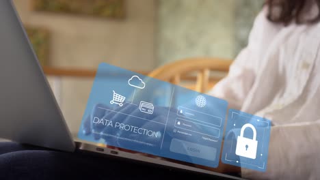 foto lateral de una empleada escribiendo en su computadora portátil en el entorno de la oficina y haciendo pagos en línea billetera digital y inicio de sesión seguro, protección de datos, seguridad cibernética de internet, protección contra delitos cibernéticos