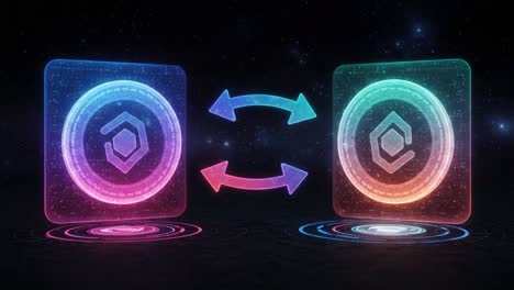 dynamic showcase of neon tokens: a visual representation of digital currency transfer and exchange across futuristic icons in a vivid cosmic background