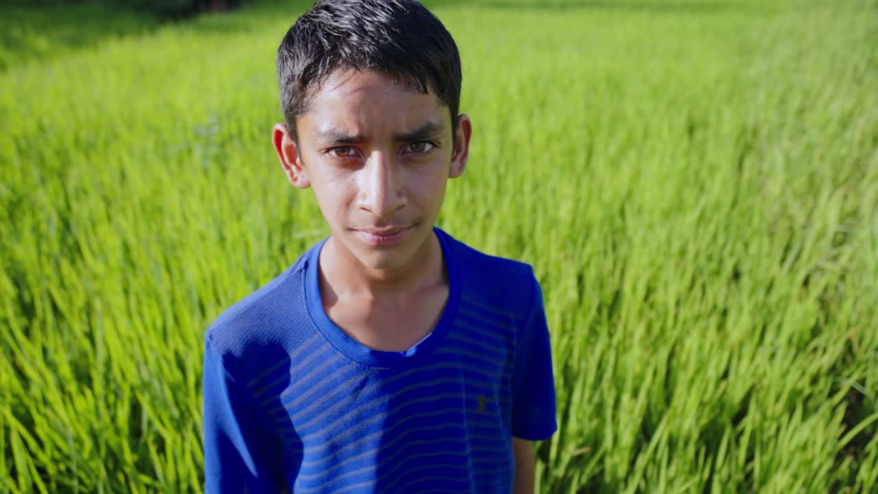 Close-up of Indian village boy standing in green paddy field, looking anxious and glancing side to side, cinematic mood, 4k video