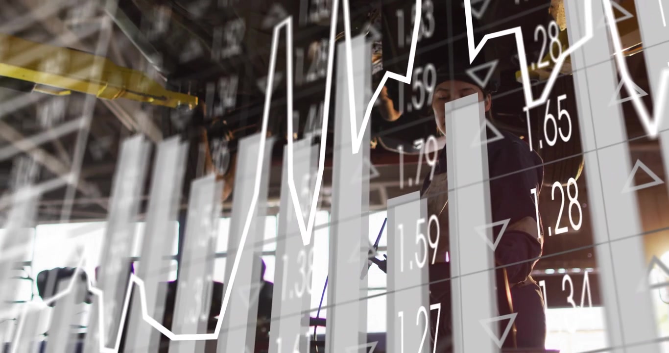 Data overlay starting, woman tech using torch, checking part while charts rising, showing metrics