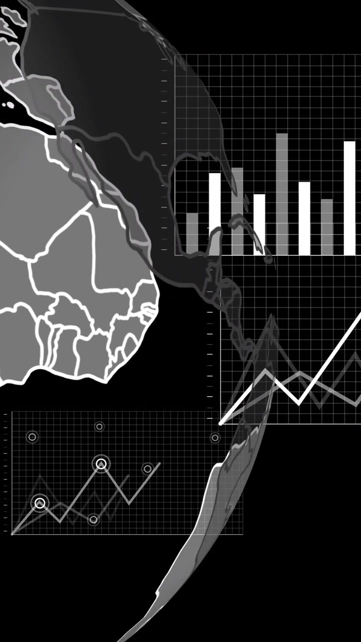 Animazione di elaborazione di dati finanziari e globo su sfondo nero