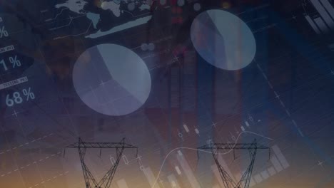 Animation-of-graphs-and-financial-data-over-electricity-poles-at-sunset