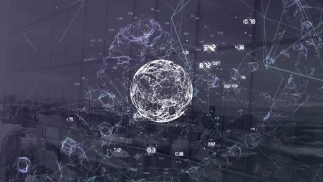 dna estructura y globo de red de conexiones contra el paisaje urbano