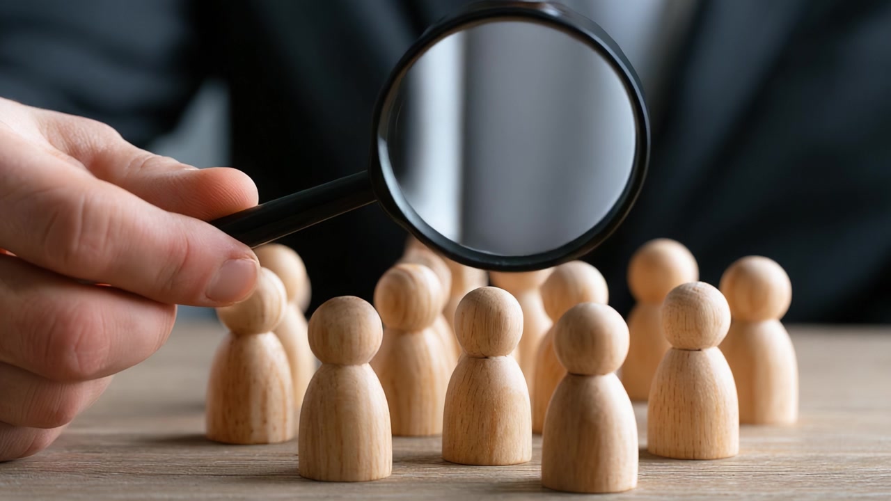A Person Examining Wooden Figurines with a Magnifying Glass, Illustrating Scrutiny and Analysis in a Professional Context