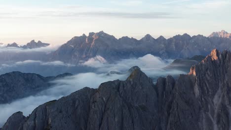 epic drone flight in dolomites - sunrise cloud inversion, cadini di misurina