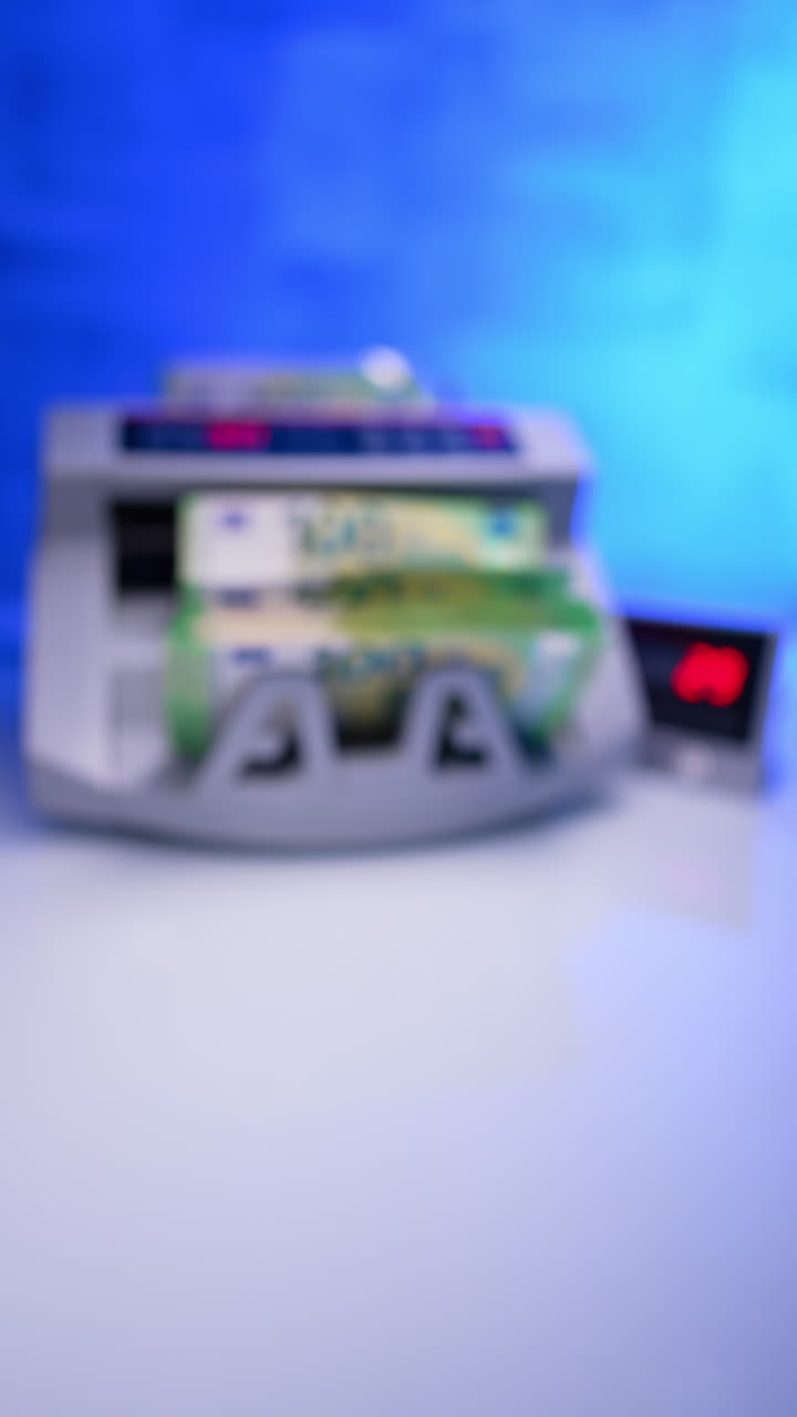 Money is placed into the cash counting machine. One hundred euro bills stack is taken out of equipment and put on the desk. Close up. Blurred backdrop. Vertical video.