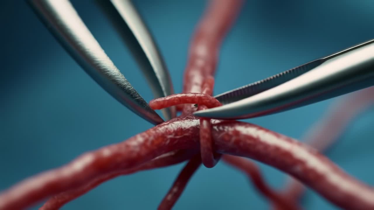 Close-Up Focus on Surgical Instruments Manipulating Tightly Bound Biological Tissue, Highlighting Precision and Technical Skills in a Surgical Context