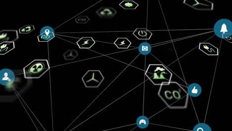 animation of network of eco and environmentally friendly icons over network of connections