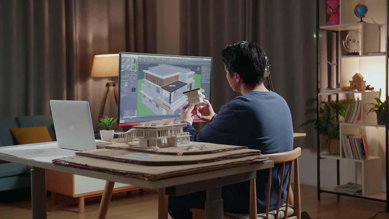 建築家が夜に家のデザインプロジェクトをしています