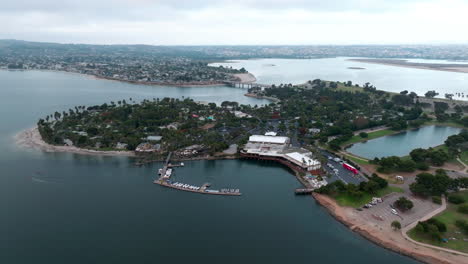 Aerial-view-of-Paradise-Cove-Marina-in-Paradise-Point-Resort-at-Mission-Bay,-San-Diego,-California