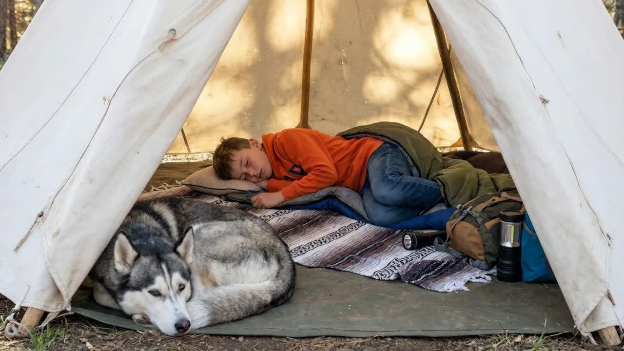 Boy and Husky Camping in Tent
