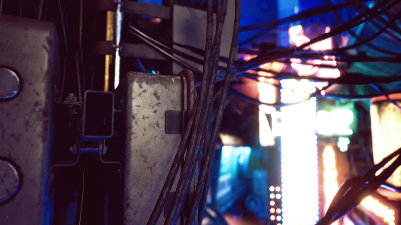 Wires and lights intertwined in a vibrant urban setting at night
