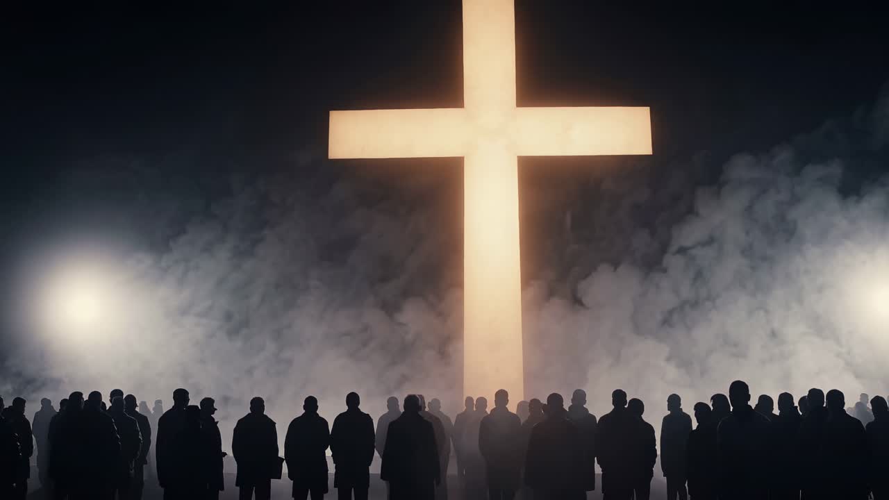 Silhouetted crowd faces a large illuminated cross, surrounded by fog