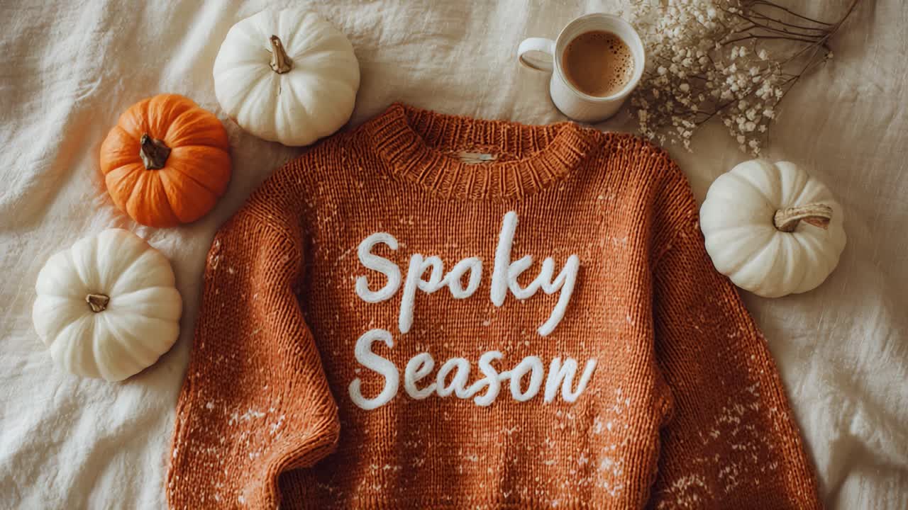 Autumn aesthetic flat lay with a warm orange sweater, coffee mug, and pumpkins on a cozy bed, capturing the hygge and spooky season vibes of fall and celebrating the Halloween holiday