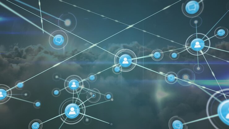 Animation of network of connections with people icons over sky and clouds