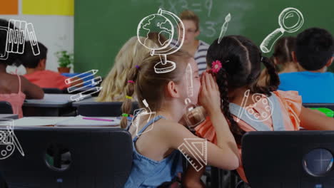 animation of school icons over diverse schoolchildren in classroom