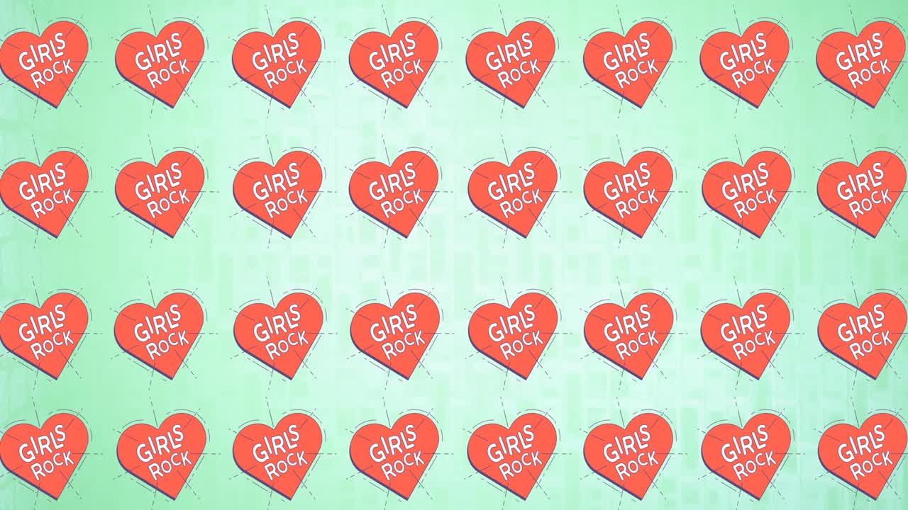 파란색 배경에 빨간색 심장 위에 여러 소녀 록 텍스트의 애니메이션